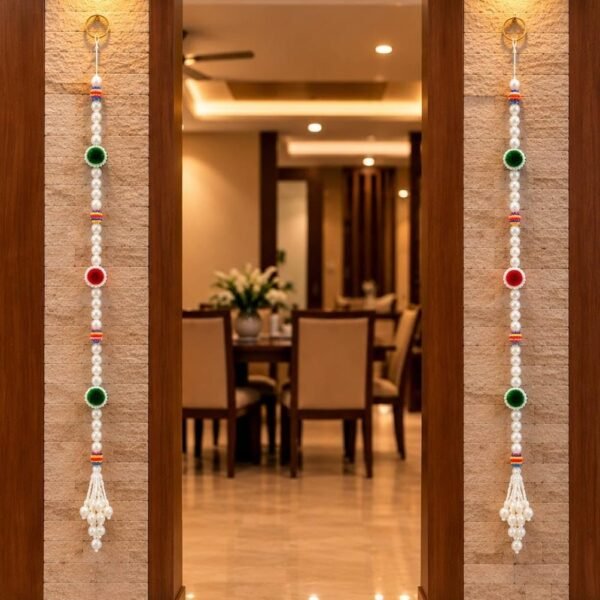 Pearl Toran for Main Door | Side Hanging Latkan with Red & Green Pom Pom and Pearl Tassel | Diwali Decoration Items for Home Entrance, Pooja & Wedding, Set of 2, White