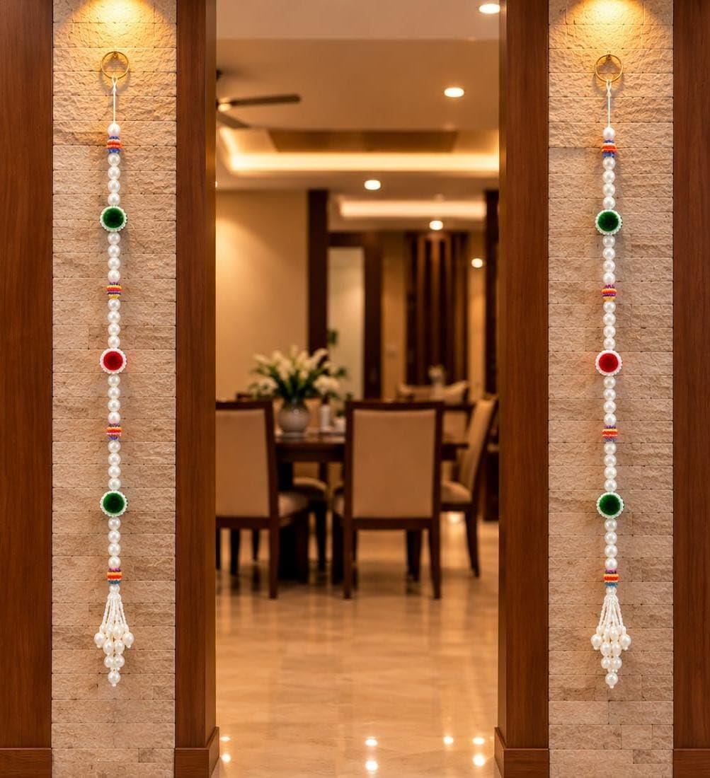Pearl Toran for Main Door | Side Hanging Latkan with Red & Green Pom Pom and Pearl Tassel | Diwali Decoration Items for Home Entrance, Pooja & Wedding, Set of 2, White