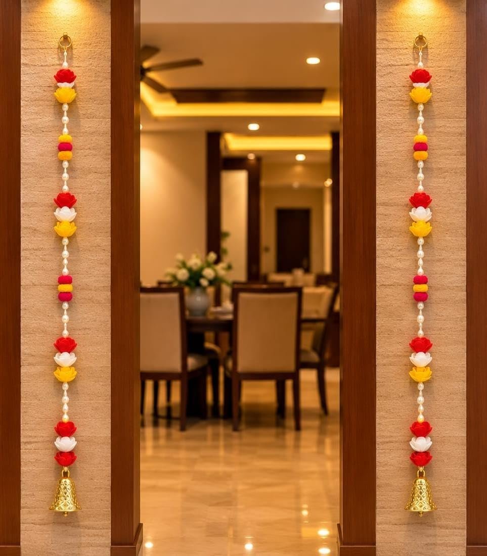 Pearl Toran for Main Door | Side Hanging Latkan with Red & Green Pom Pom and Pearl Tassel | Diwali Decoration Items for Home Entrance, Pooja & Wedding, Set of 2, White - Image 2