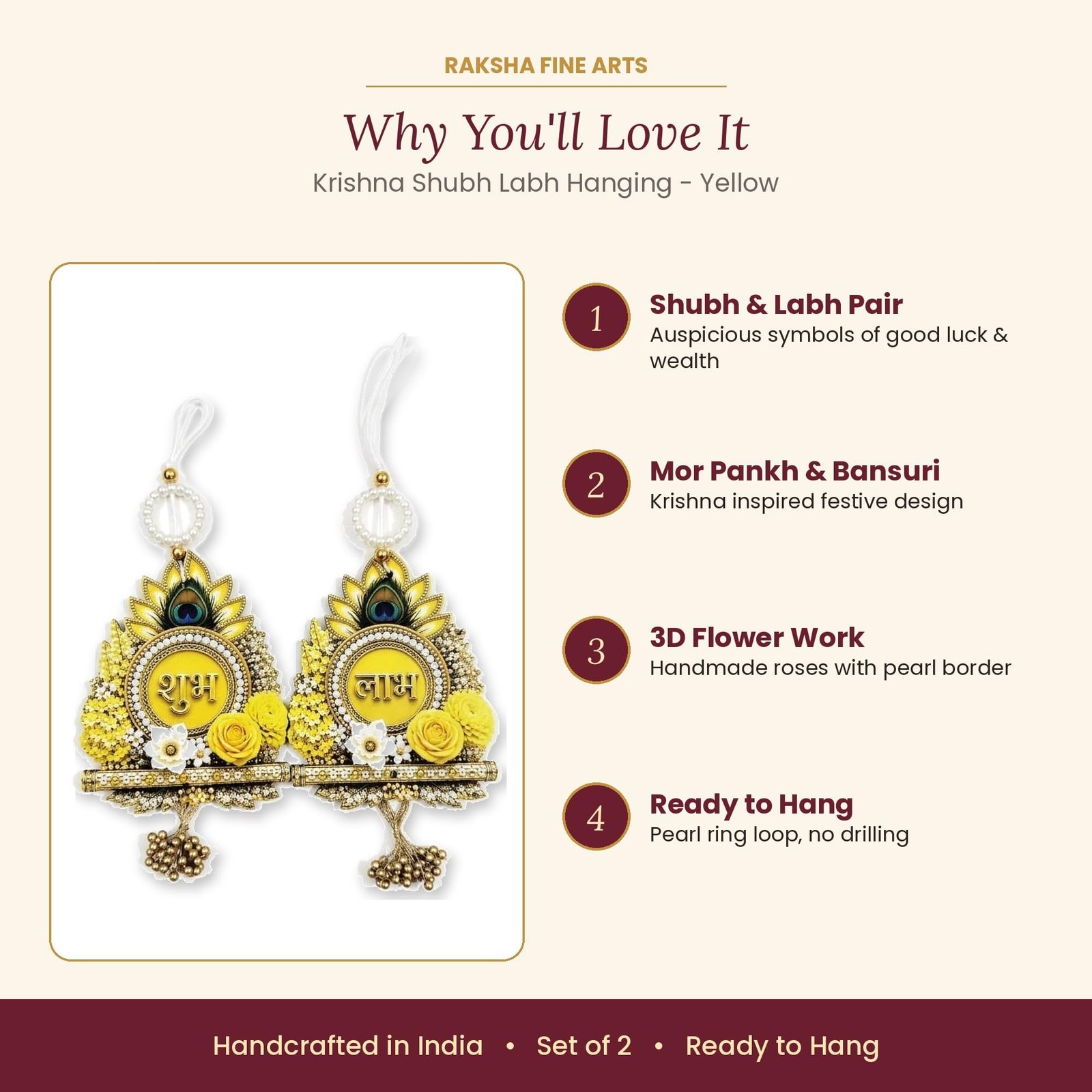 Raksha Fine Arts Shubh Labh Door Hanging for Main Door Entrance | Krishna Mor Pankh & Bansuri Design with Flowers & Golden Bead Latkan | Diwali Decoration Items for Home, Set of 2, Yellow - Image 4