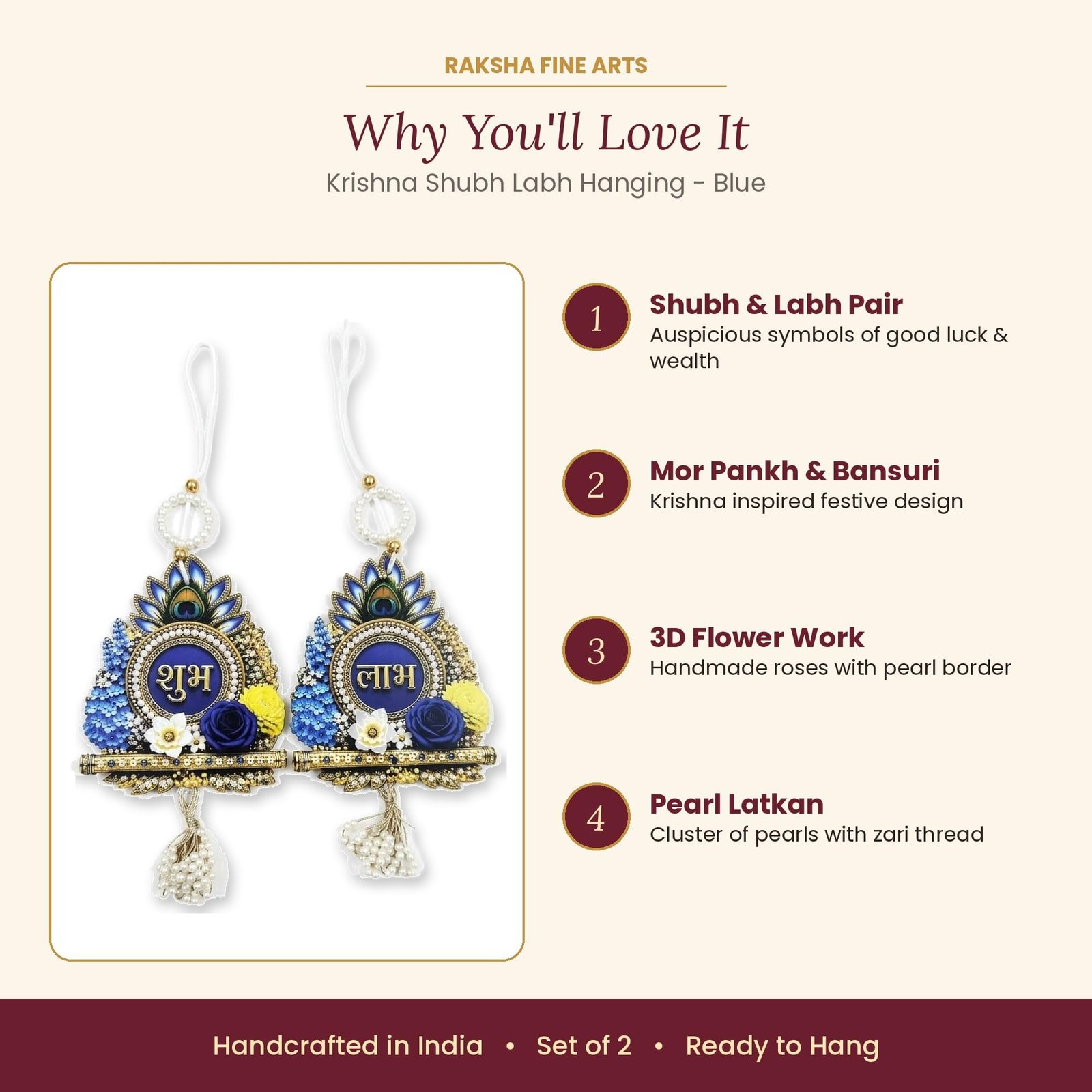 Raksha Fine Arts Shubh Labh Door Hanging for Main Door Entrance | Krishna Mor Pankh & Bansuri Design with Flowers & Pearl Latkan | Diwali Decoration Items for Home, Set of 2, Royal Blue - Image 3