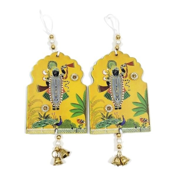 Raksha Fine Arts Shrinathji Pichwai Wall Hanging for Pooja Room & Main Door | Traditional Rajasthani Art Door Decor with Kundan Stones, Pearls & Brass Bells | Diwali Decoration, Set of 2, Yellow
