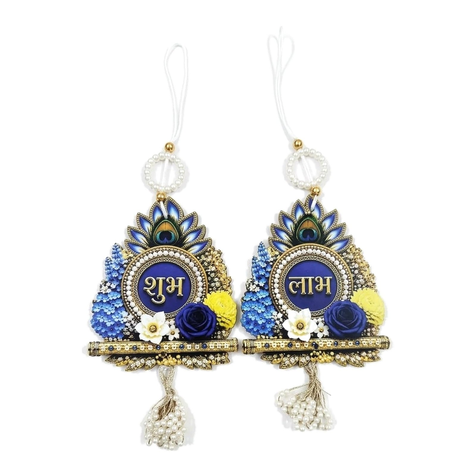 Raksha Fine Arts Shubh Labh Door Hanging for Main Door Entrance | Krishna Mor Pankh & Bansuri Design with Flowers & Pearl Latkan | Diwali Decoration Items for Home, Set of 2, Royal Blue