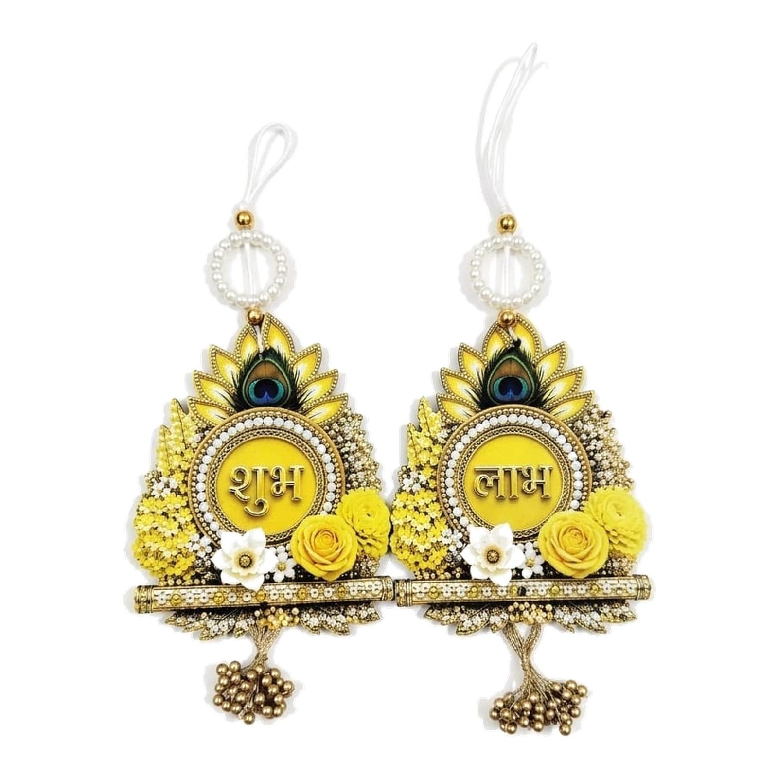 Raksha Fine Arts Shubh Labh Door Hanging for Main Door Entrance | Krishna Mor Pankh & Bansuri Design with Flowers & Golden Bead Latkan | Diwali Decoration Items for Home, Set of 2, Yellow