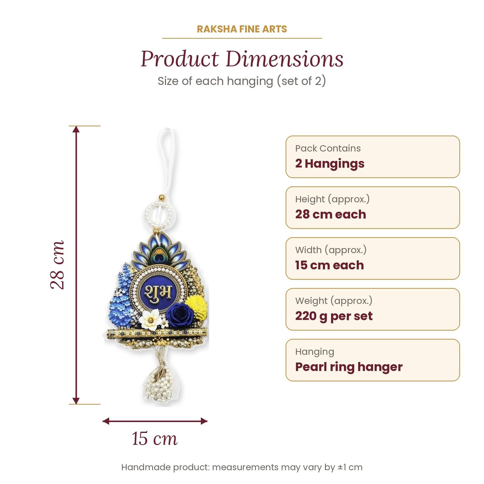 Raksha Fine Arts Shubh Labh Door Hanging for Main Door Entrance | Krishna Mor Pankh & Bansuri Design with Flowers & Pearl Latkan | Diwali Decoration Items for Home, Set of 2, Royal Blue - Image 4