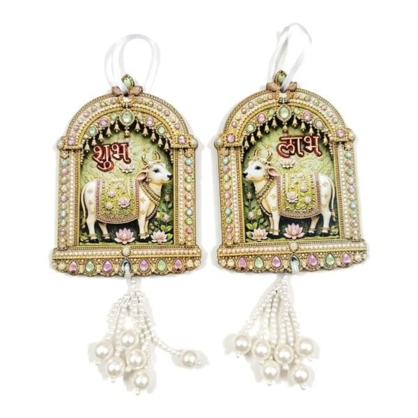 Raksha Fine Arts Shubh Labh Hanging for Main Door with Kamdhenu Cow Design | Temple Arch Wall Decor with Pearl Tassels | Diwali Decoration Items for Home, Pooja Room, Set of 2, Pastel Green
