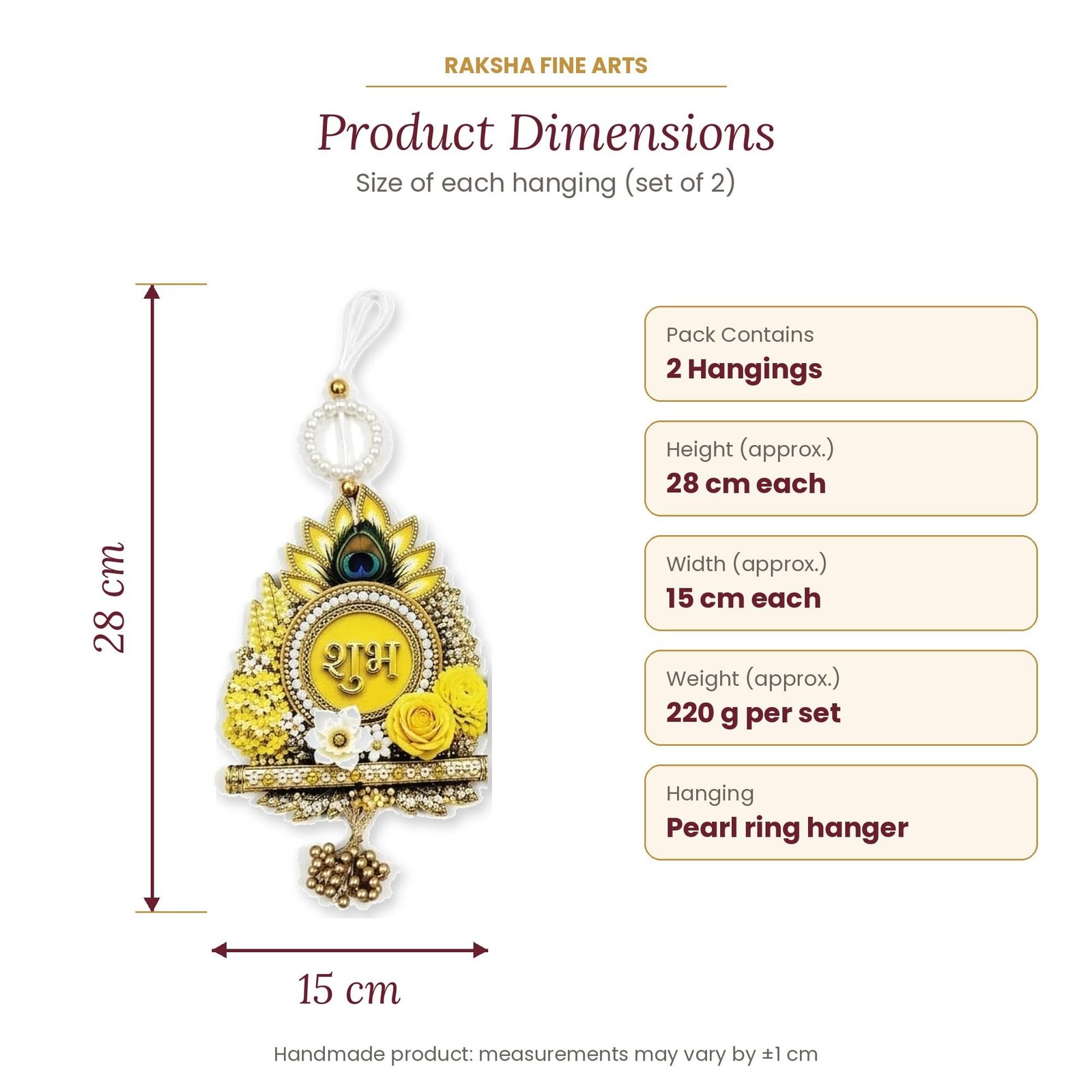 Raksha Fine Arts Shubh Labh Door Hanging for Main Door Entrance | Krishna Mor Pankh & Bansuri Design with Flowers & Golden Bead Latkan | Diwali Decoration Items for Home, Set of 2, Yellow - Image 3