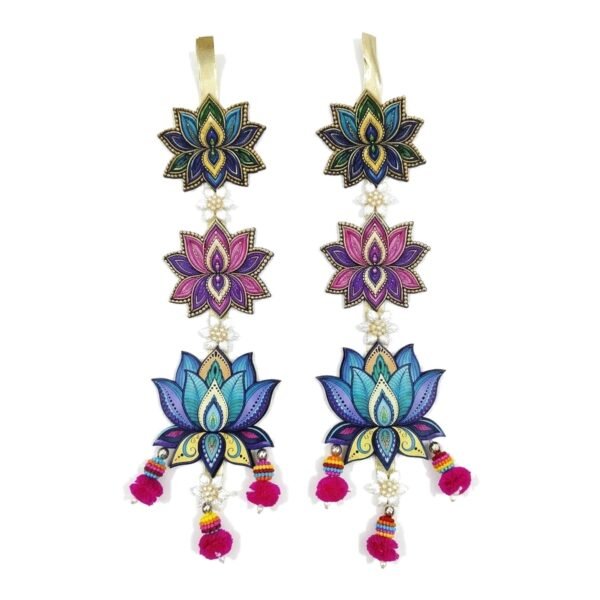 Raksha Fine Arts Lotus Wall Hanging Latkan for Home Decor | 3-Tier Kamal Design with Pom Pom Tassels & Pearl Flowers | Diwali, Wedding & Pooja Decoration Items, Set of 2, Multicolor