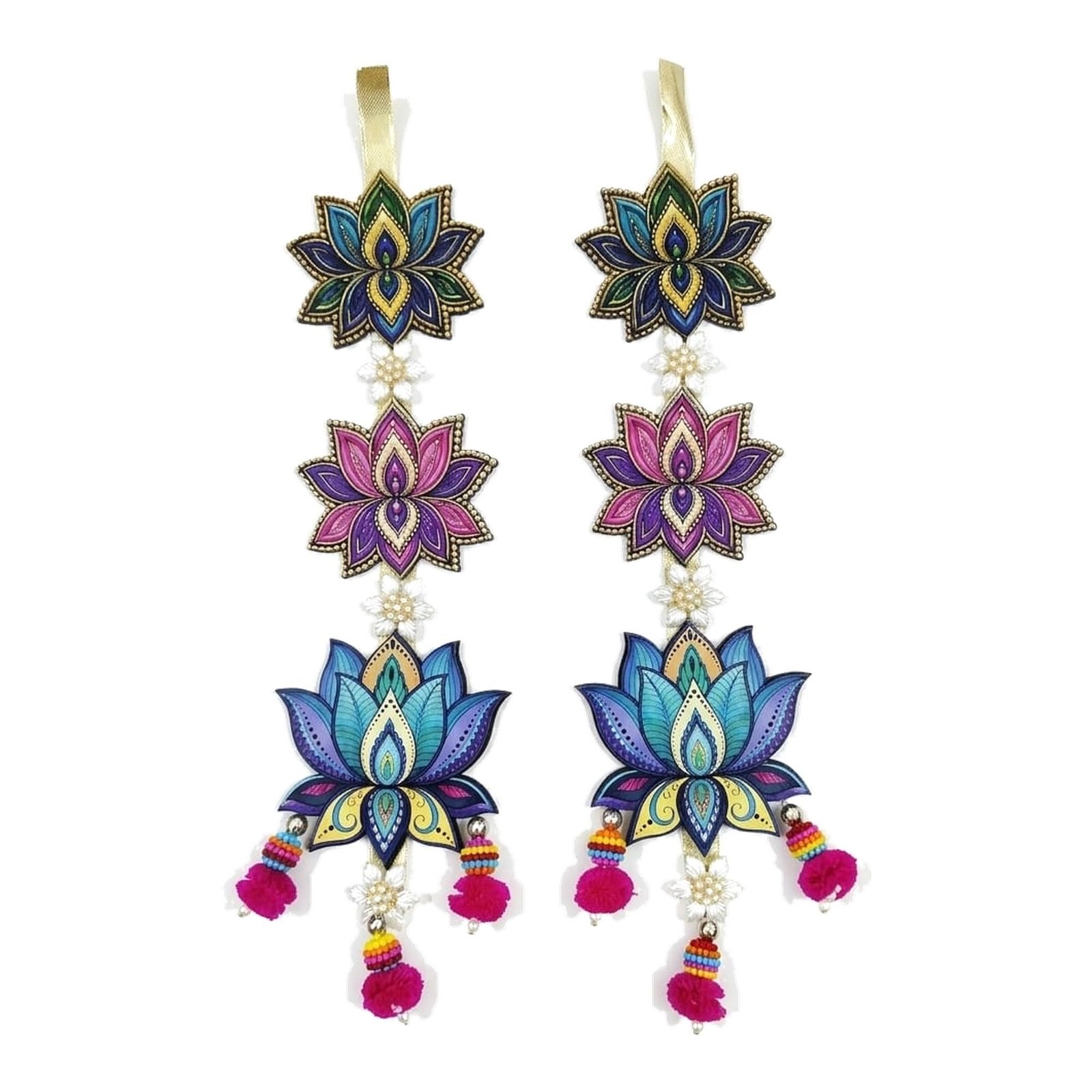 Raksha Fine Arts Lotus Wall Hanging Latkan for Home Decor | 3-Tier Kamal Design with Pom Pom Tassels & Pearl Flowers | Diwali, Wedding & Pooja Decoration Items, Set of 2, Multicolor