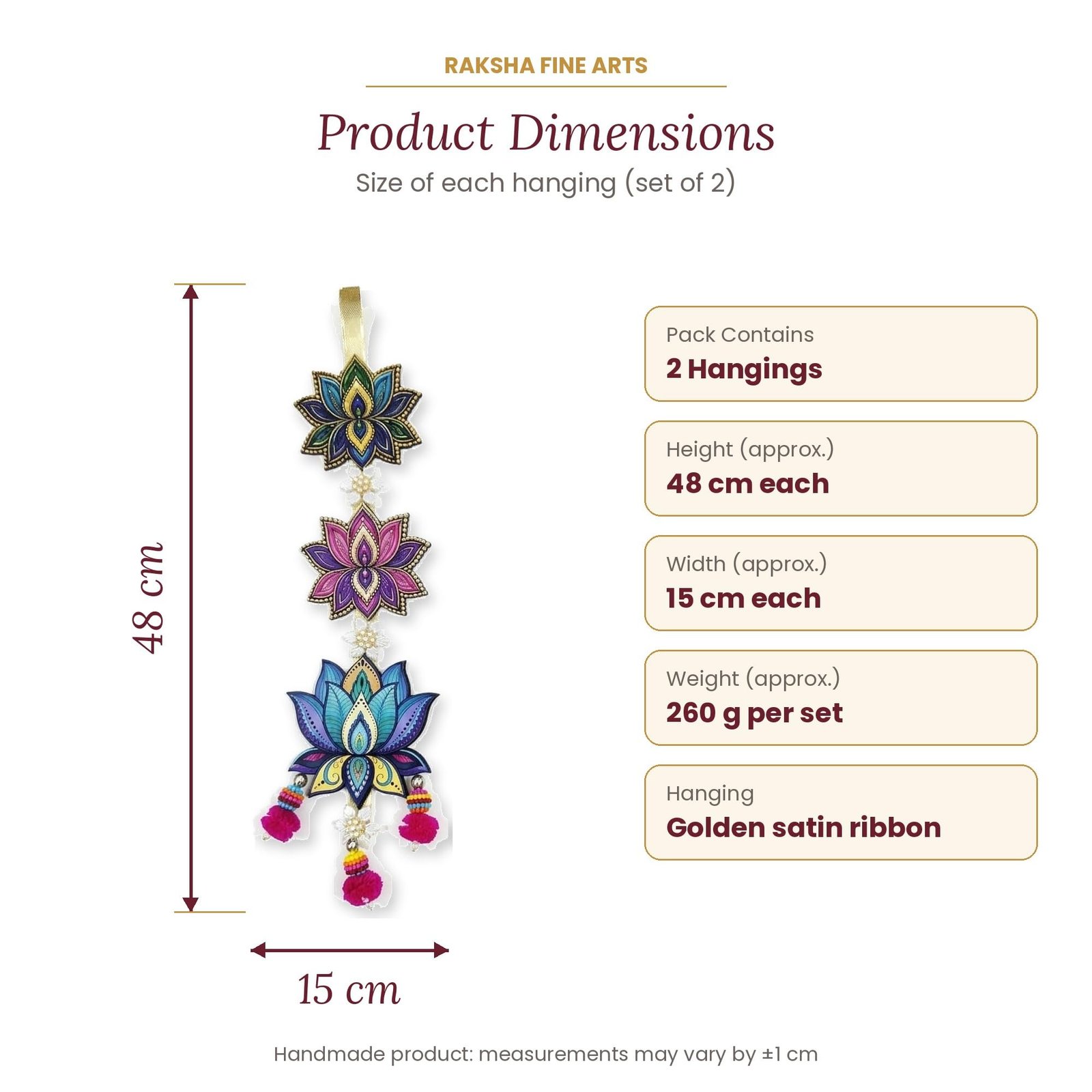 Raksha Fine Arts Lotus Wall Hanging Latkan for Home Decor | 3-Tier Kamal Design with Pom Pom Tassels & Pearl Flowers | Diwali, Wedding & Pooja Decoration Items, Set of 2, Multicolor - Image 5