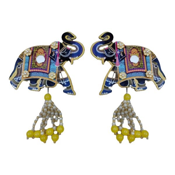 Raksha Fine Arts Rajasthani Elephant Wall Hanging for Home Decor | Hathi Door Hanging with Mirror, Kundan & Yellow Bead Tassels | Diwali Decoration Items for Entrance| MDF Set of 2, Multicolor