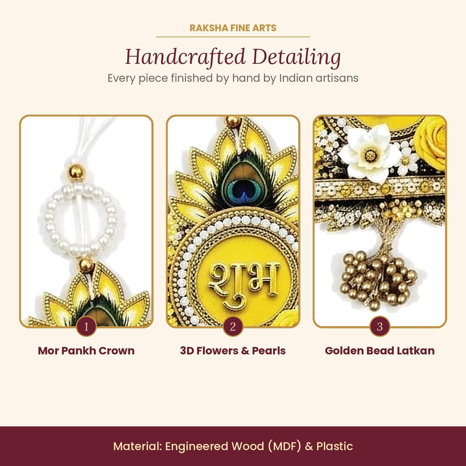 Raksha Fine Arts Shubh Labh Door Hanging for Main Door Entrance | Krishna Mor Pankh & Bansuri Design with Flowers & Golden Bead Latkan | Diwali Decoration Items for Home, Set of 2, Yellow - Image 5