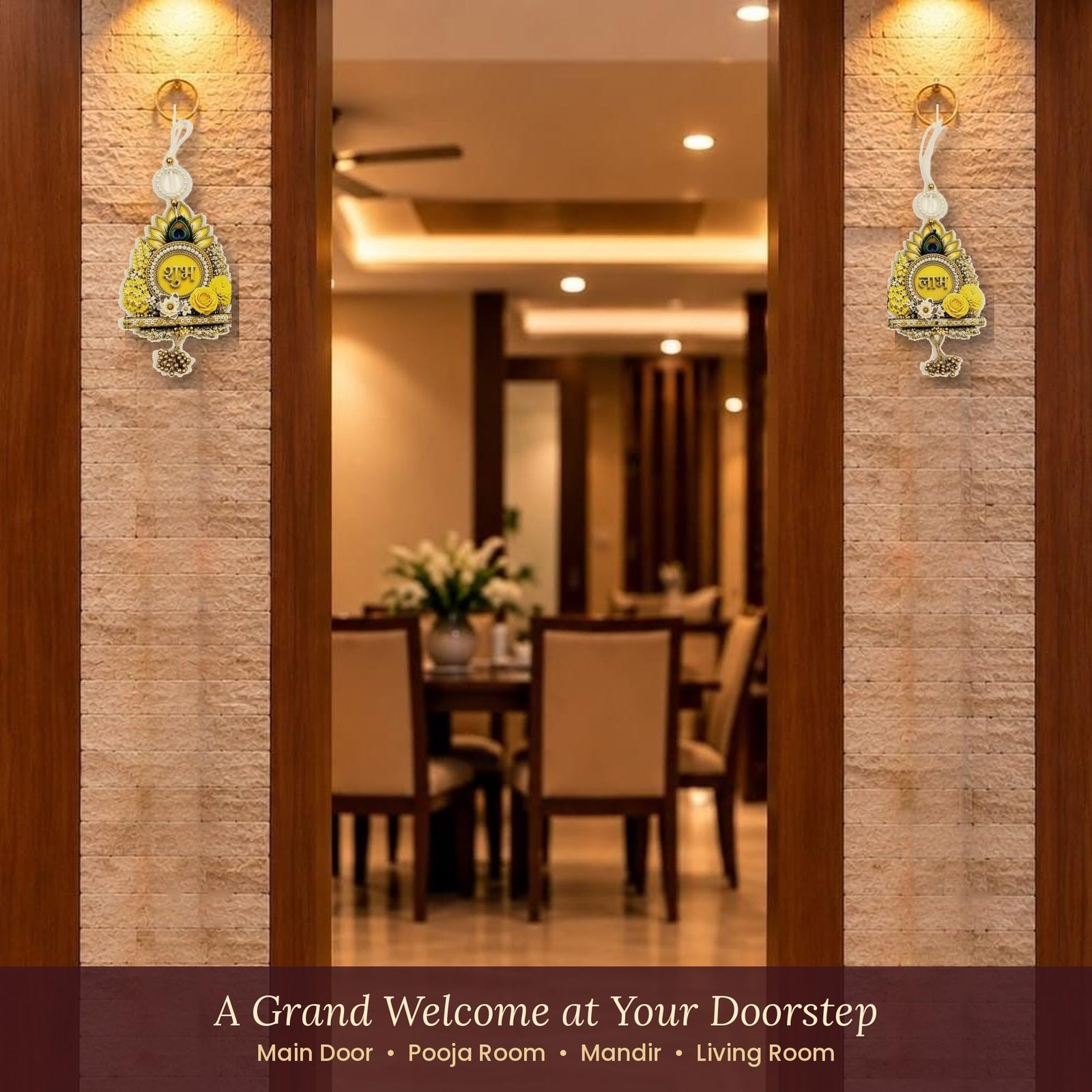 Raksha Fine Arts Shubh Labh Door Hanging for Main Door Entrance | Krishna Mor Pankh & Bansuri Design with Flowers & Golden Bead Latkan | Diwali Decoration Items for Home, Set of 2, Yellow - Image 2