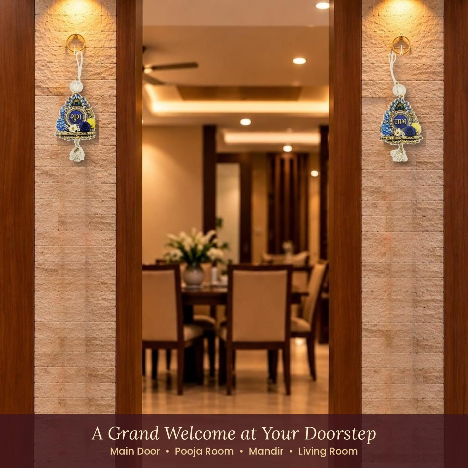 Raksha Fine Arts Shubh Labh Door Hanging for Main Door Entrance | Krishna Mor Pankh & Bansuri Design with Flowers & Pearl Latkan | Diwali Decoration Items for Home, Set of 2, Royal Blue - Image 2